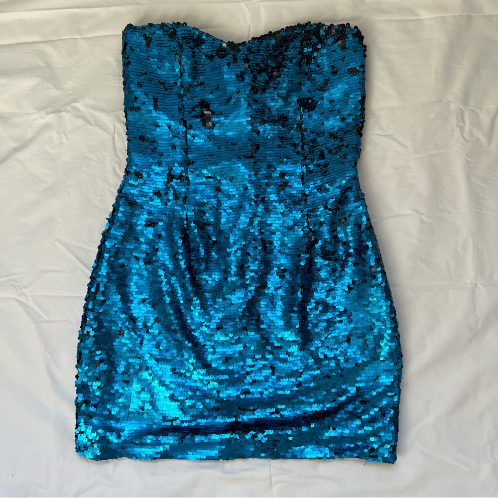 Charlotte Russe Blue and Black Flip Sequin Strapless Mini Party Dress, XS